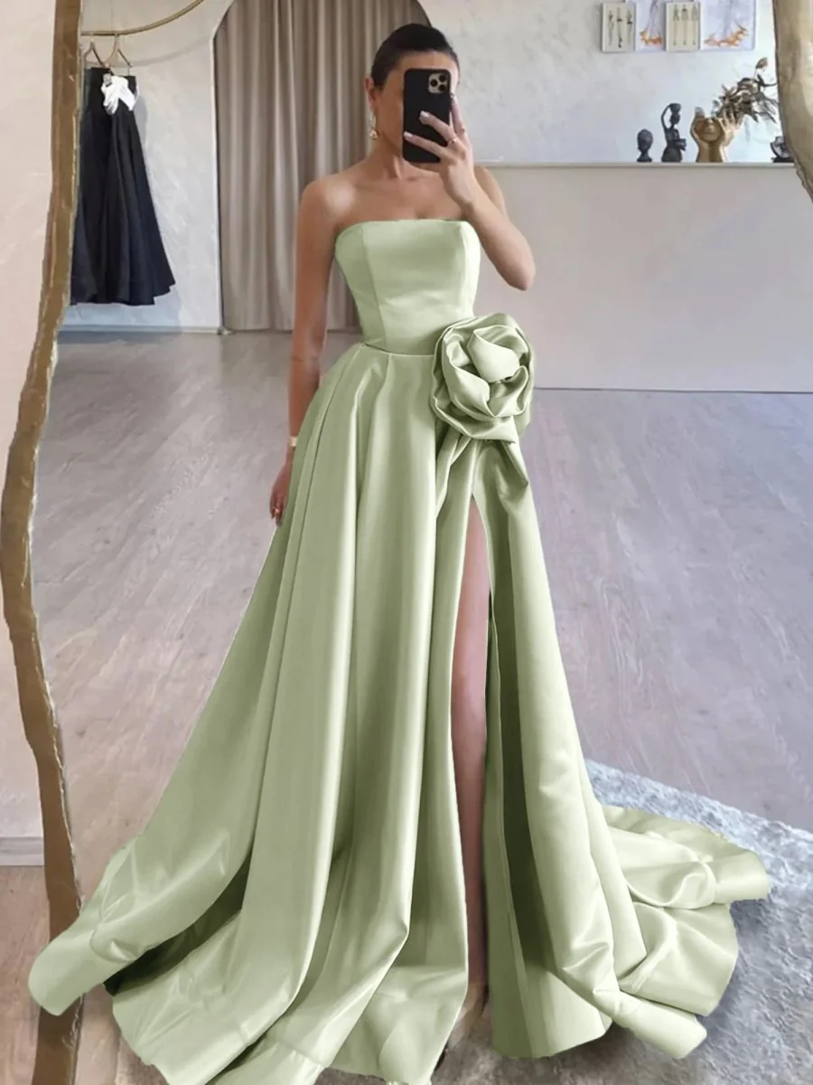 Black Strapless Satin Long Prom Dress With High Split BabaMila