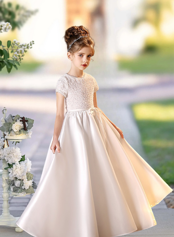 Ball-Gown/Princess o-Neck Floor-Length Satin/Tulle Flower Girl Dress Girls Gidiondress Ivory 12M