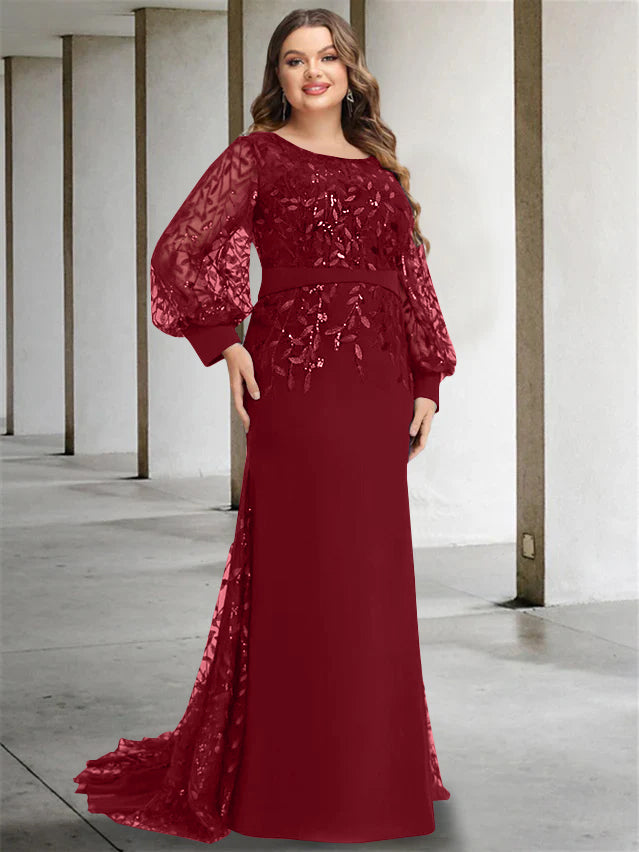 Mermaid/Trumpet Scoop Neck Long Sleeves Floor-Length Plus Size Mother Of The Bride Dresses With Sequins BabaMila