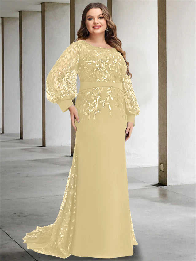 Mermaid/Trumpet Scoop Neck Long Sleeves Floor-Length Plus Size Mother Of The Bride Dresses With Sequins BabaMila