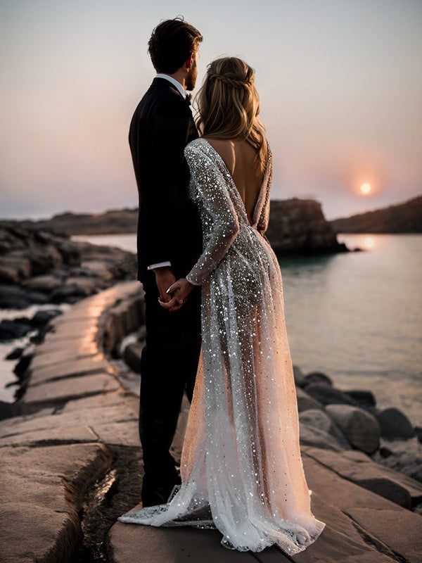 A-Line/Princess V-Neck Long Sleeves Sequins Wedding Dress BabaMila