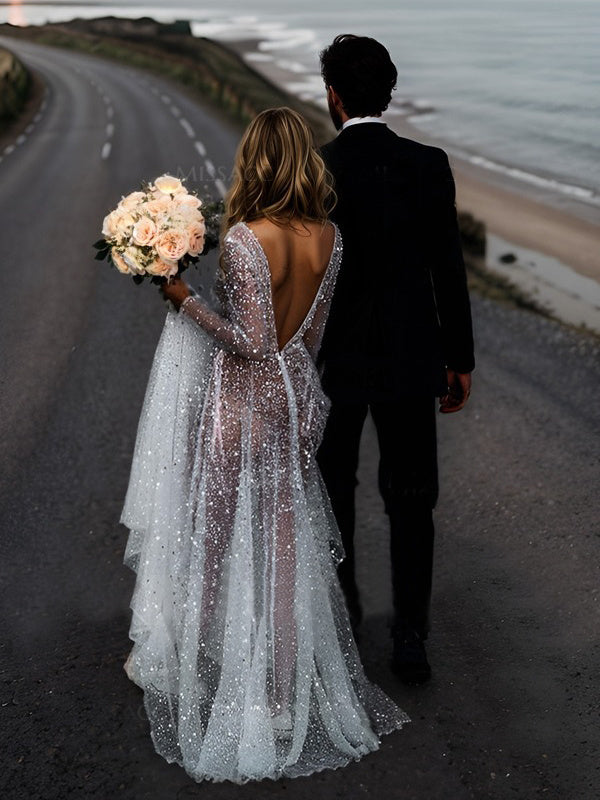 A-Line/Princess V-Neck Long Sleeves Sequins Wedding Dress BabaMila