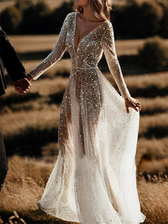 A-Line/Princess V-Neck Long Sleeves Sequins Wedding Dress BabaMila