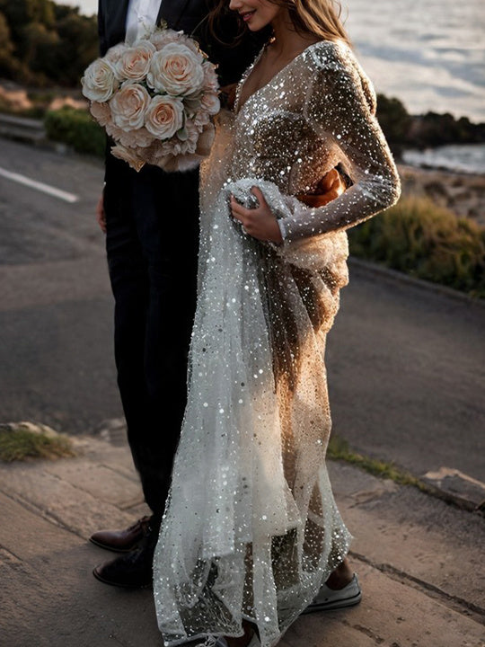 A-Line/Princess V-Neck Long Sleeves Sequins Wedding Dress BabaMila