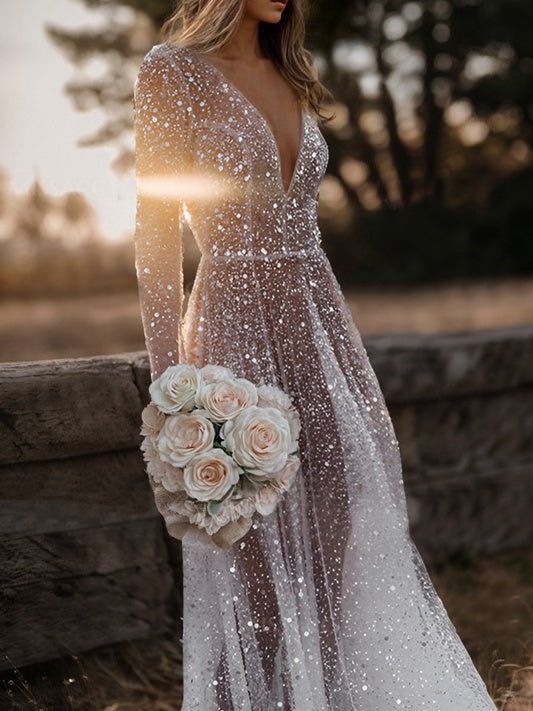 A-Line/Princess V-Neck Long Sleeves Sequins Wedding Dress BabaMila