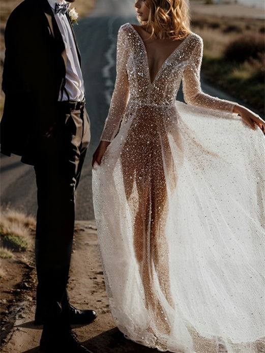 A-Line/Princess V-Neck Long Sleeves Sequins Wedding Dress BabaMila
