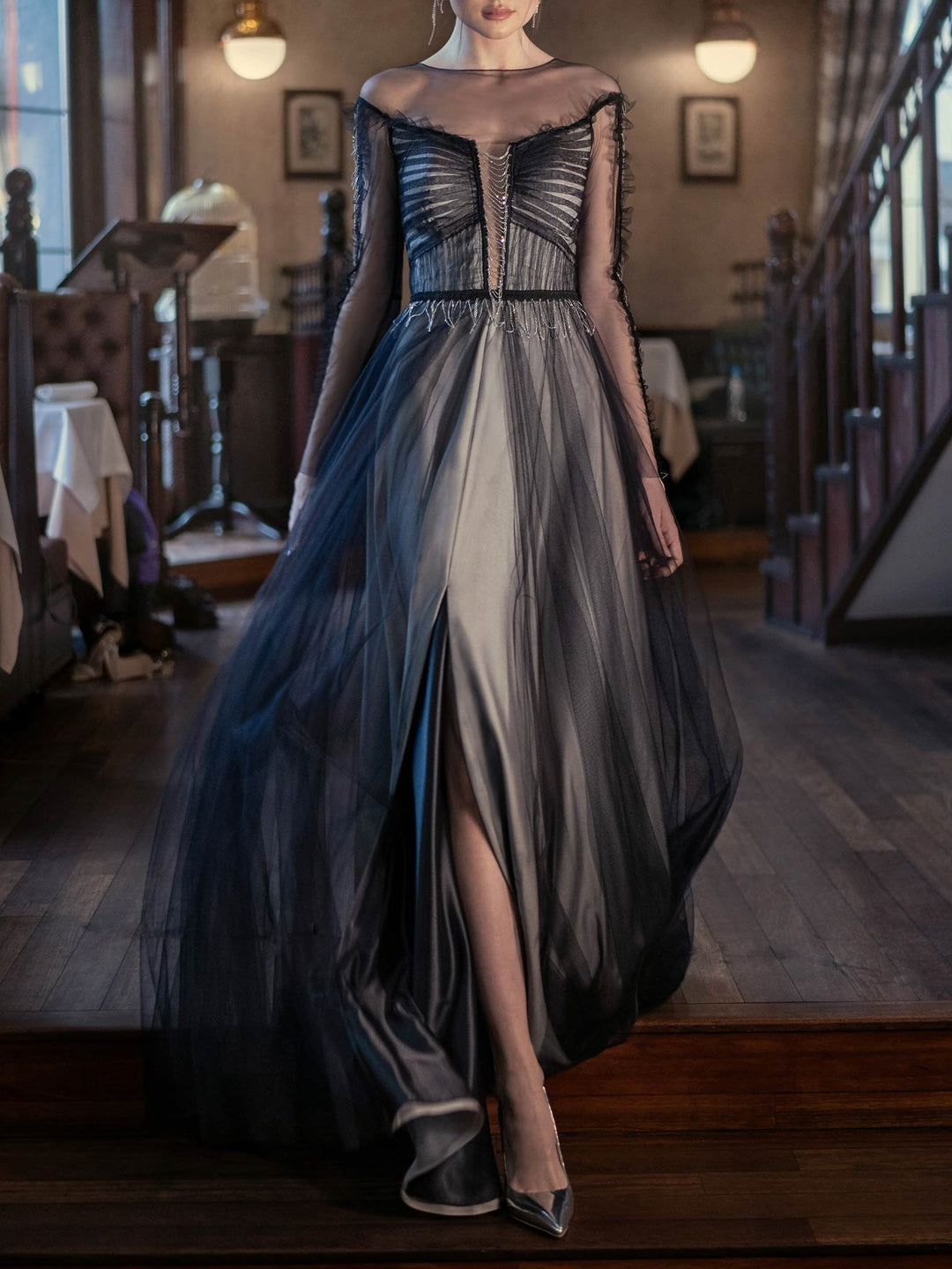 A-Line/Princess Scoop Long Sleeves Floor-Length Evening Dress with Split Side/Pleated/Beads/Ruffles BabaMila