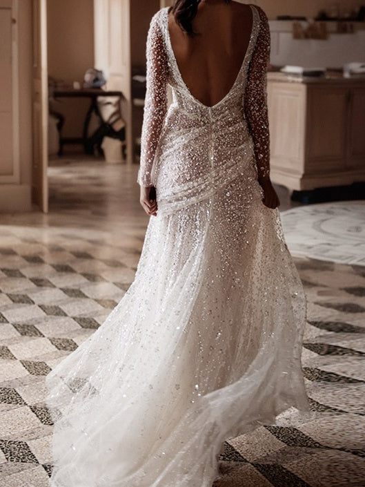 Sheath/Column V-Neck Floor-Length Sequins Wedding Dress With Split BabaMila