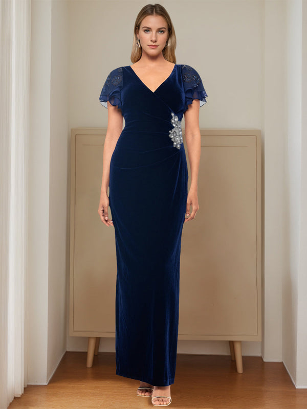 Sheath/Column V-Neck Short Sleeves Floor-Length Velvet Mother Of The Bride Dresses With Ruffles & Appliques BabaMila