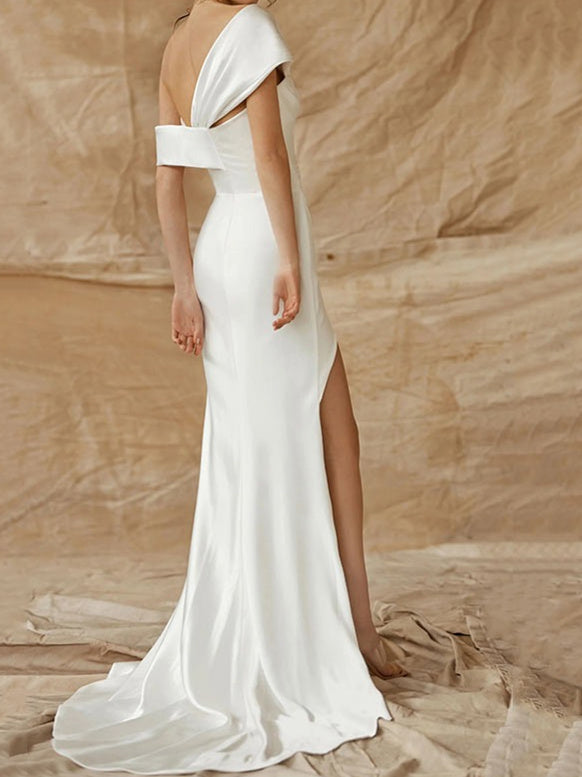 Sheath/Column One-Shoulder Silk Satin Wedding Dress With Split BabaMila