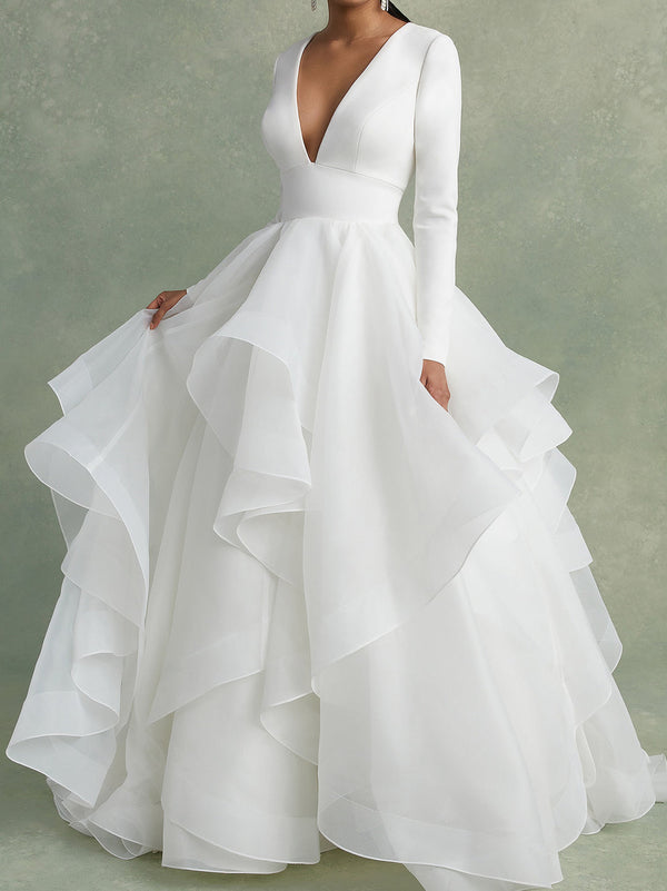A-Line/Princess V-Neck Floor-Length Ball-Gown Wedding Dress With Ruffles BabaMila