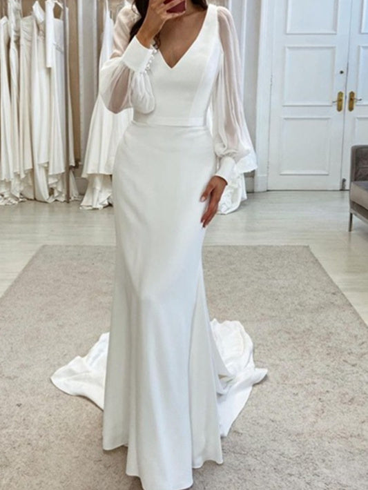 Trumpet/Mermaid V-Neck Floor-Length Long Sleeves Wedding Dress BabaMila
