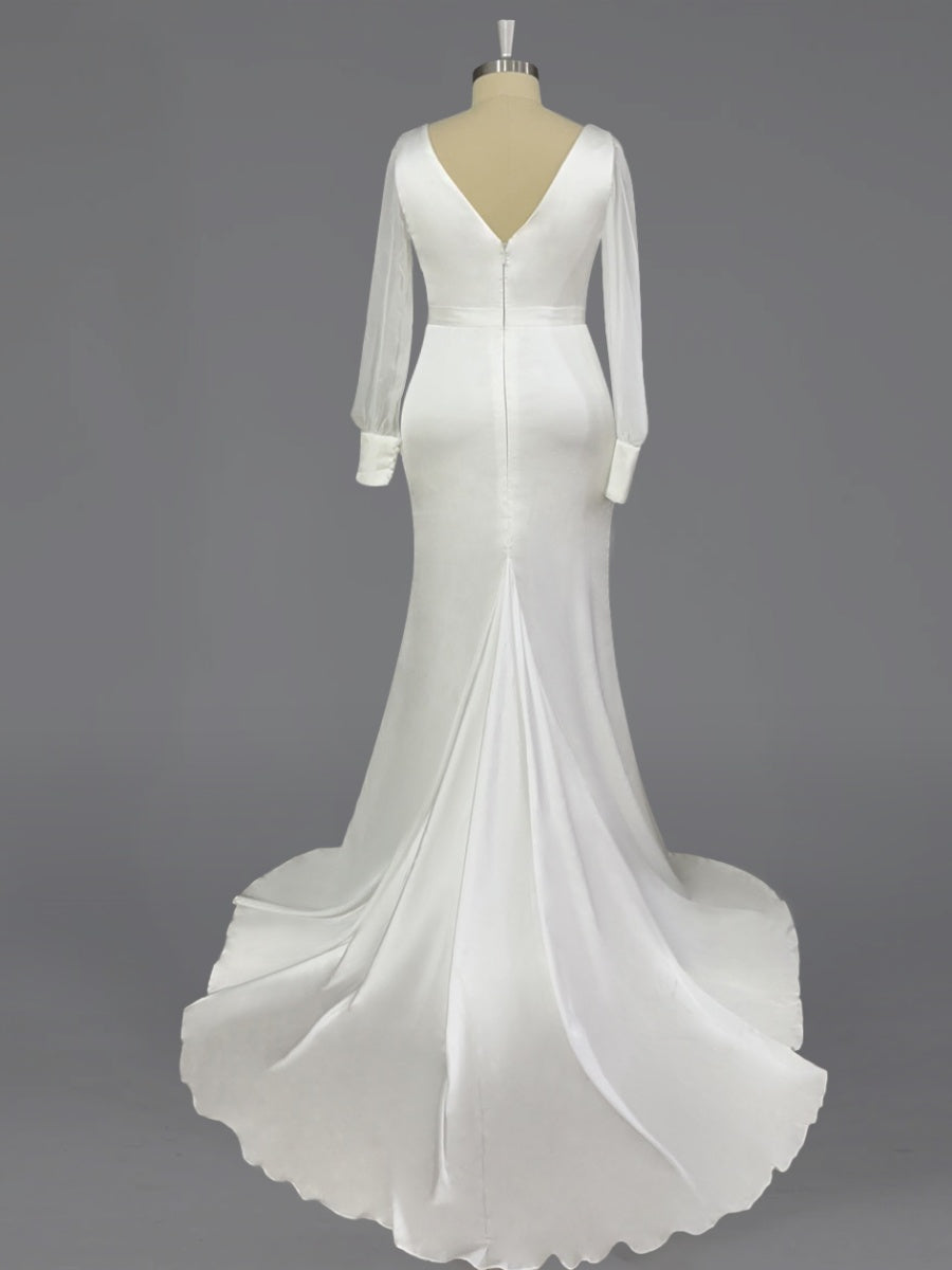 Trumpet/Mermaid V-Neck Floor-Length Long Sleeves Wedding Dress BabaMila