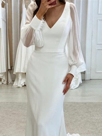 Trumpet/Mermaid V-Neck Floor-Length Long Sleeves Wedding Dress BabaMila