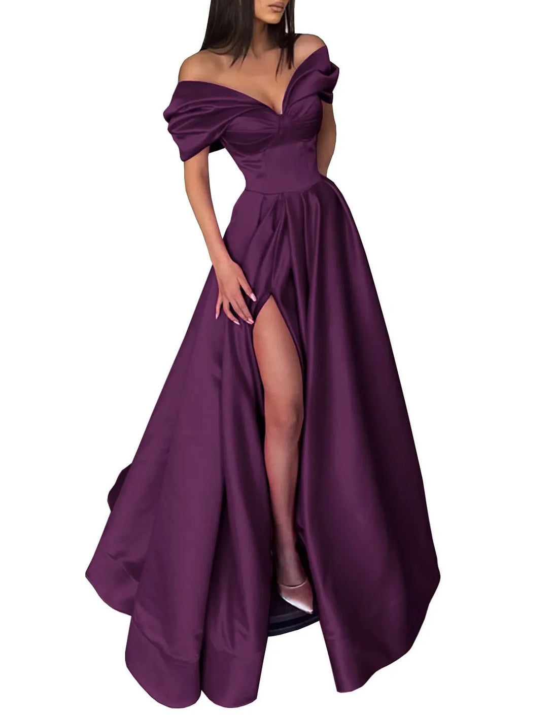 A-Line/Princess Off-the-Shoulder Evening Dresses Satin Prom Party Dress With Split Side BabaMila