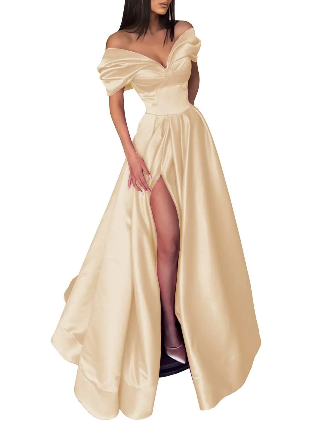 A-Line/Princess Off-the-Shoulder Evening Dresses Satin Prom Party Dress With Split Side BabaMila