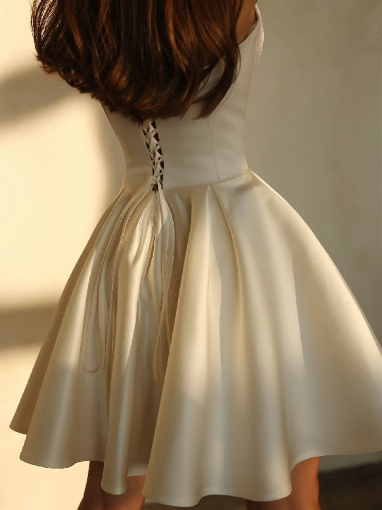 A-Line/Princess Strapless Short Satin Wedding Dress With Pockets BabaMila