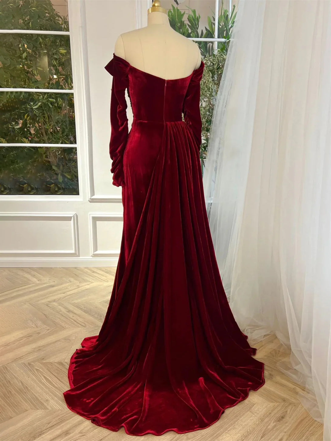 Sheath/Column Off-the-shoulder Long Sleeves Velvet luxury Evening Dresses BabaMila