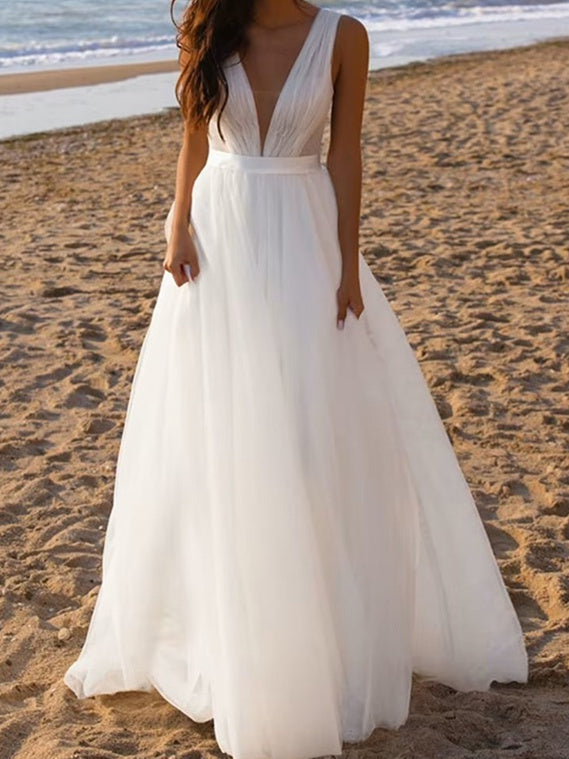 A-Line/Princess Deep V-Neck Floor-Length Tulle Wedding Dress BabaMila