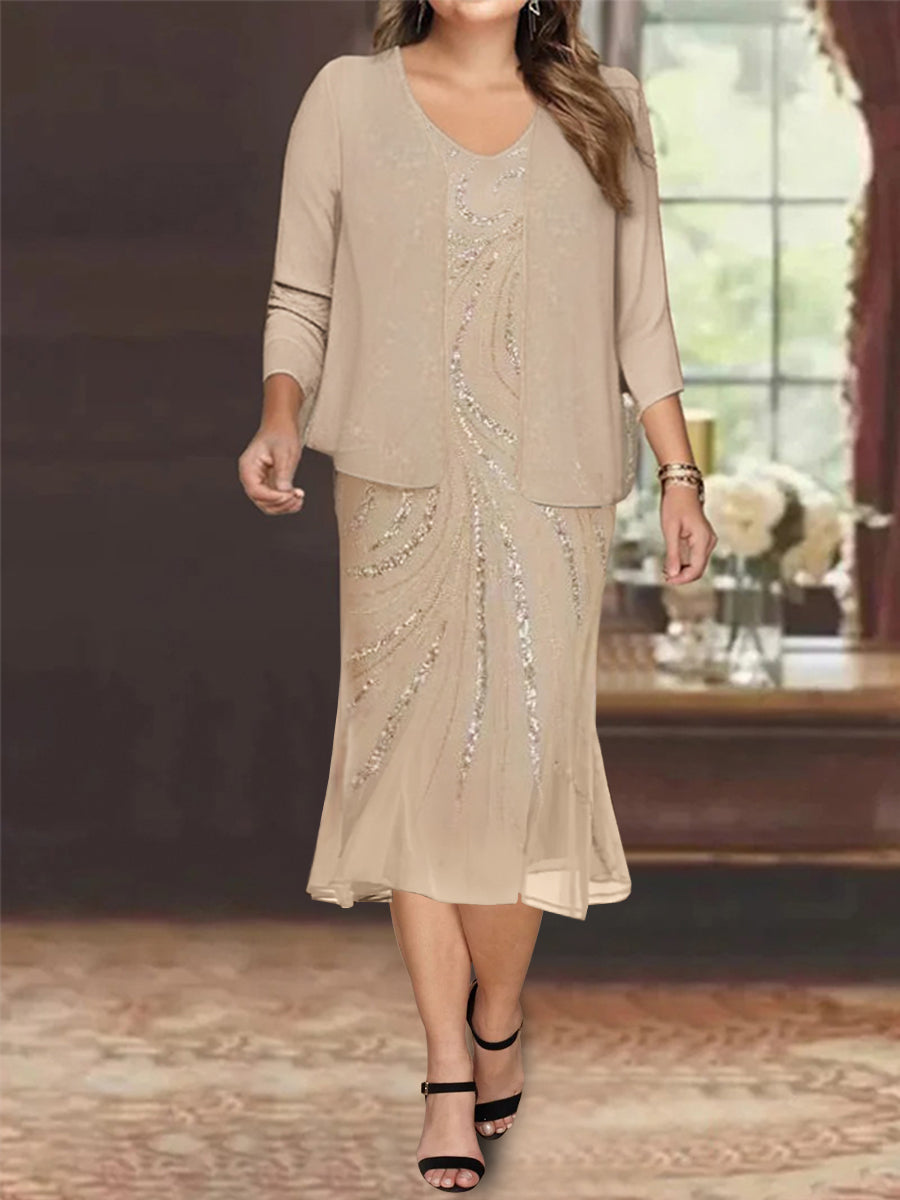 Chiffon 2 Pieces V-Neck Knee-Length Plus Size Mother Of The Bride Dresses With Jacket & Sequins BabaMila
