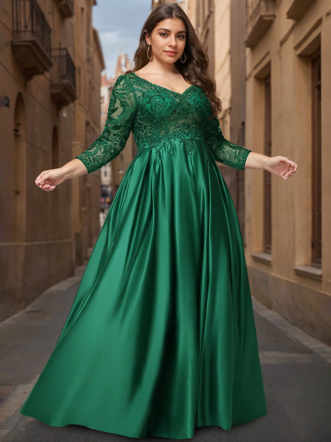 Ball Gown V-Neck Long Sleeves Floor-Length Satin Plus Size Prom Dresses with Sequins & Beads BabaMila