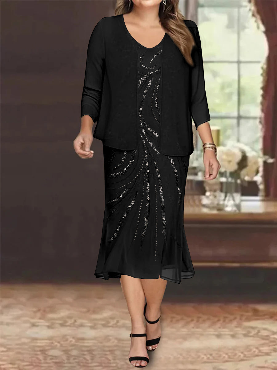 Chiffon 2 Pieces V-Neck Knee-Length Plus Size Mother Of The Bride Dresses With Jacket & Sequins BabaMila