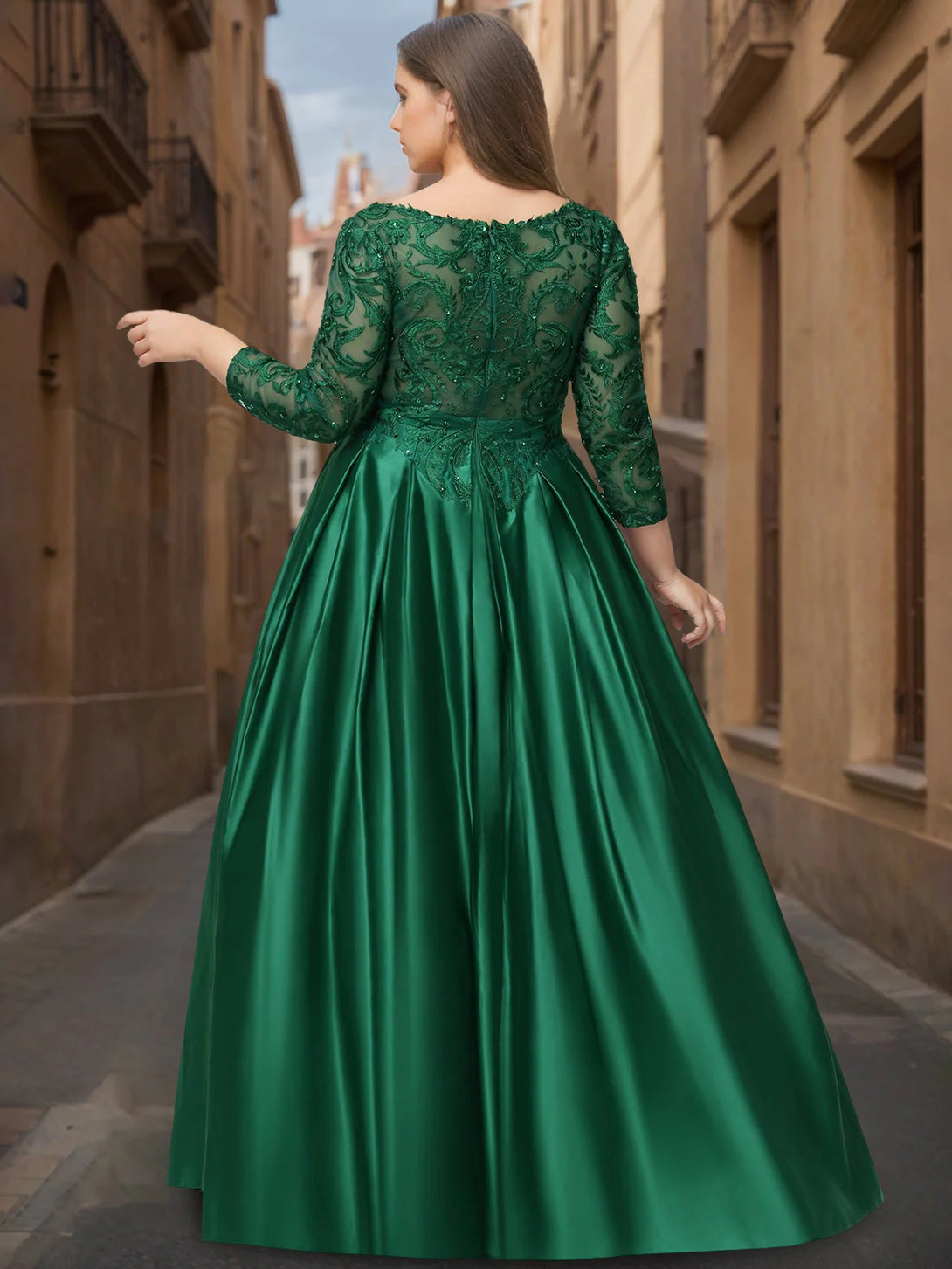 Ball Gown V-Neck Long Sleeves Floor-Length Satin Plus Size Prom Dresses with Sequins & Beads BabaMila