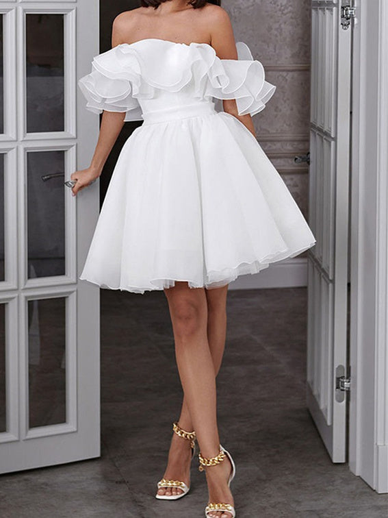 A-Line/Princess Off-The-Shoulder Short Wedding Dress With Cascading Ruffles BabaMila