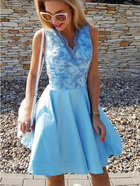 Sexy Homecoming Dress V-neck Satin Lace Short Prom Dress Party Dress Homecoming Dress BabaMila