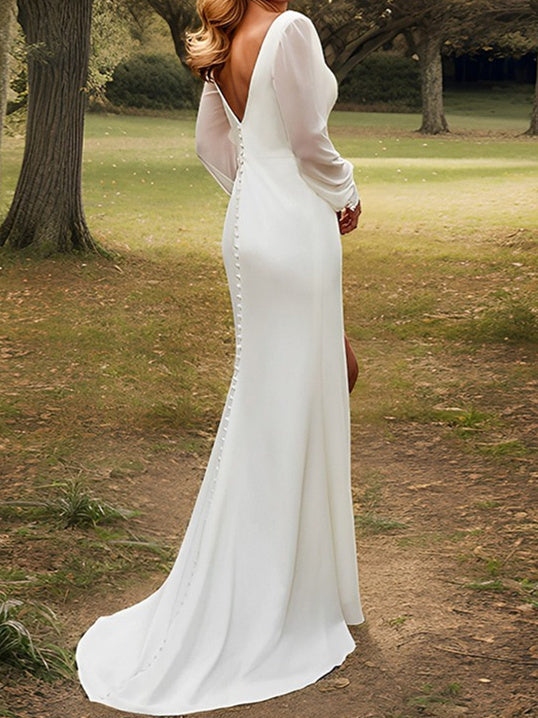 Sheath/Column V-Neck Chiffon Wedding Dress With Split BabaMila