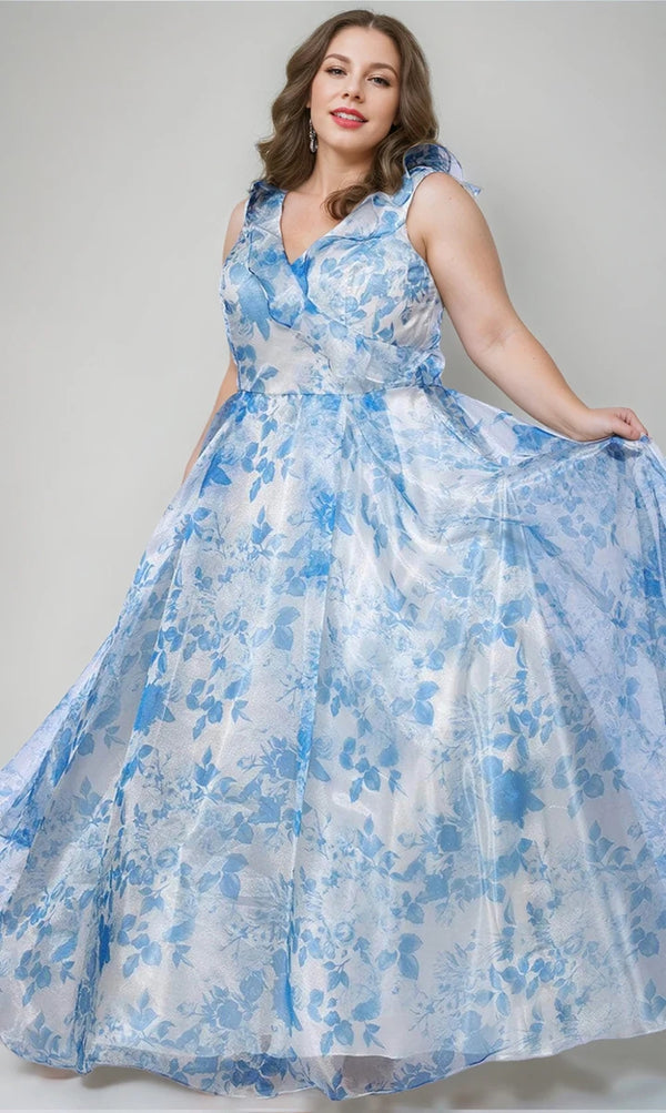 A-Line/Princess V-Neck Sleeveless Printed Floral Plus Size Prom Dresses with Ruffles BabaMila