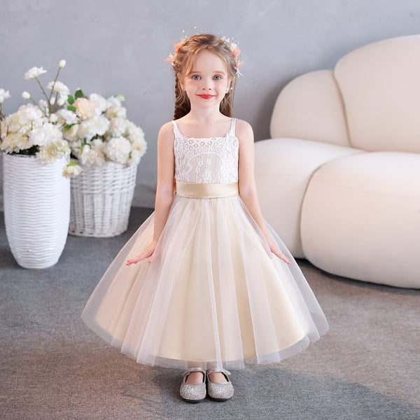 Girls Birthday Dresses Square Neck Spaghetti Straps Lace/Tulle/Satin Tea-Length Flower Girl Dresses/Party Dresses With Belt/Bow Gidiondress