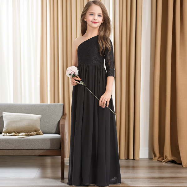 One-Shoulder 3/4 Sleeve Floor-Length Lace/Chiffon Junior Bridesmaid Dress/Girls Dresses Girls Gidiondress