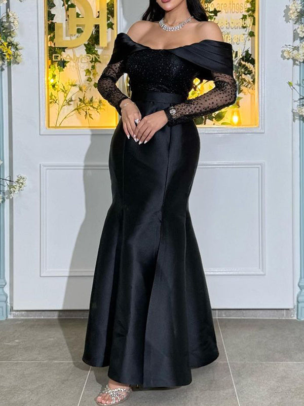 Mermaid/Trumpet Off-The-Shoulder Long Sleeves Floor-Length High Split Sequins Satin Evening Dresses BabaMila