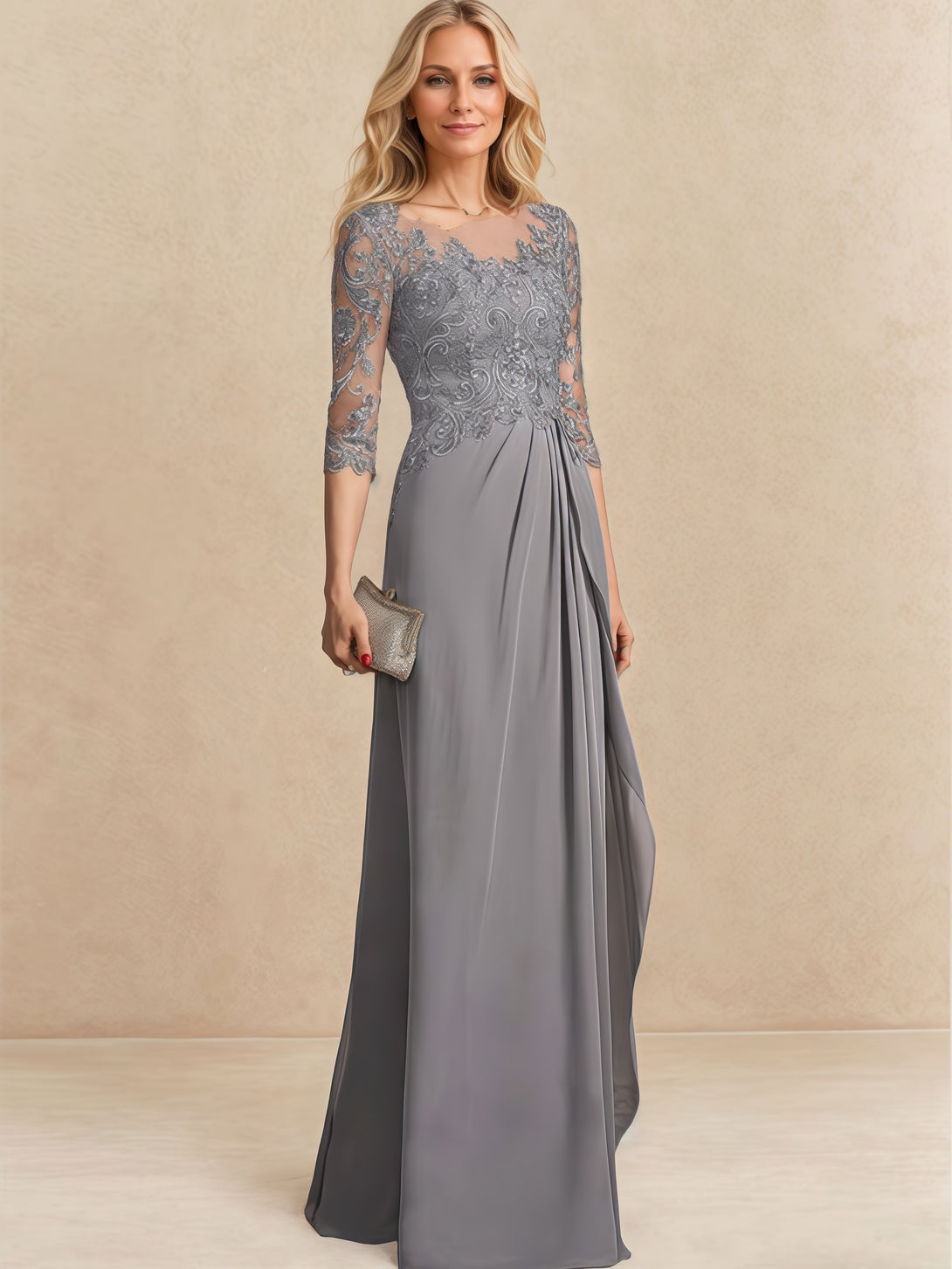 A-Line Boat Neck Half Sleeve Floor-Length Lace/Chiffon Mother of the Bride Dress With Appliques/Pleated BabaMila