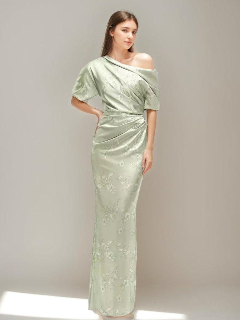 Sheath/Column Printed Floral One-shoulder Half Sleeves Ruched Wedding Guest Dresses with Slit BabaMila