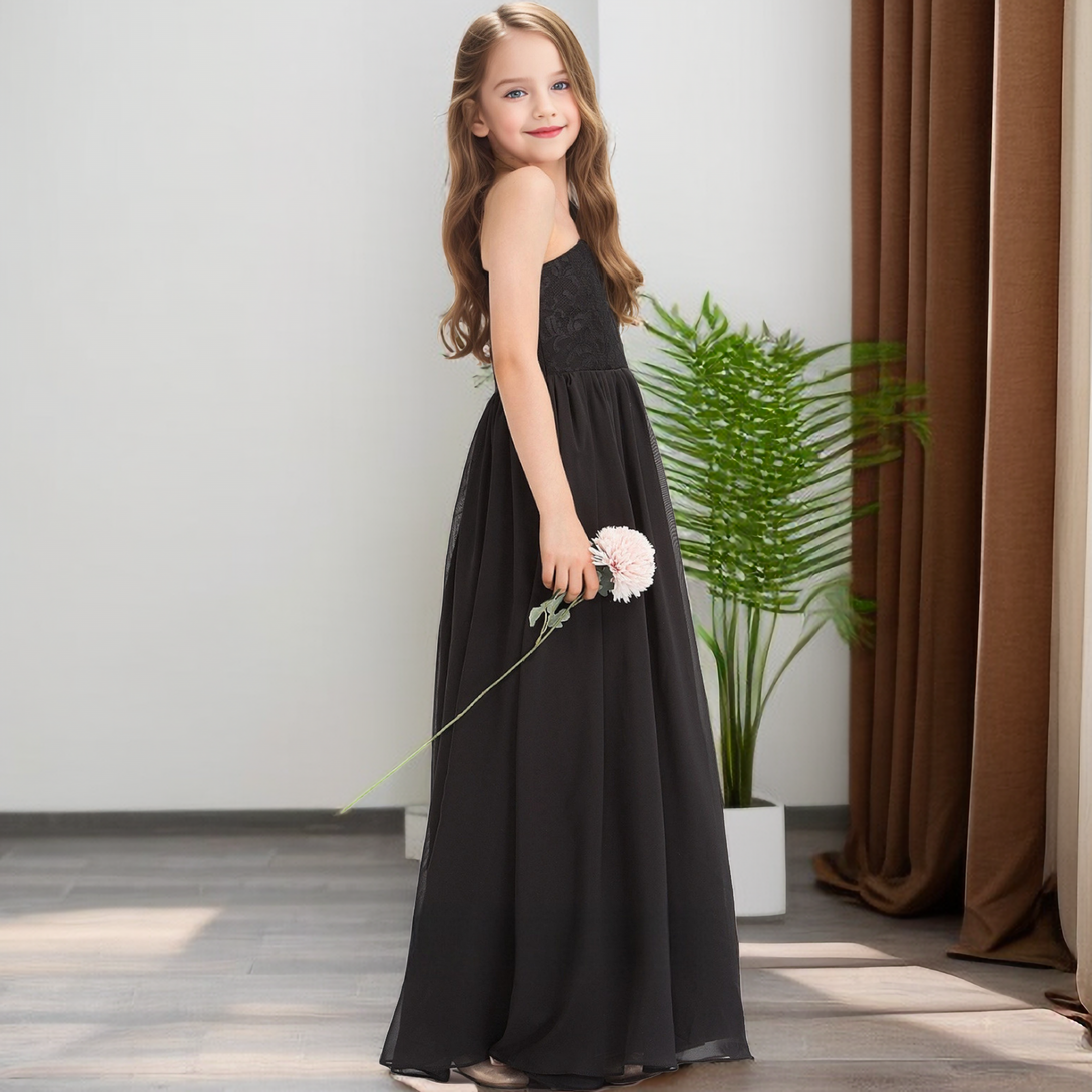 One-Shoulder 3/4 Sleeve Floor-Length Lace/Chiffon Junior Bridesmaid Dress/Girls Dresses Girls Gidiondress