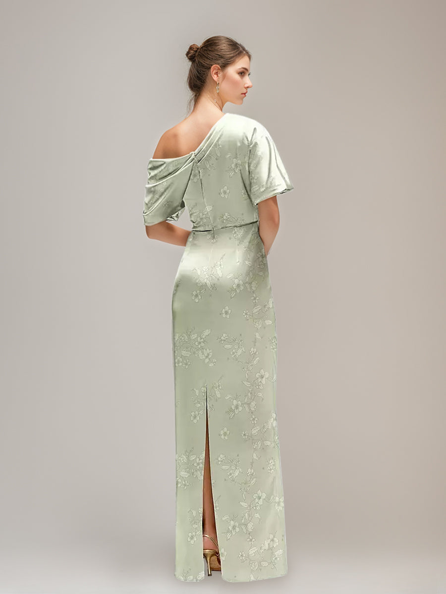 Sheath/Column Printed Floral One-shoulder Half Sleeves Ruched Wedding Guest Dresses with Slit BabaMila