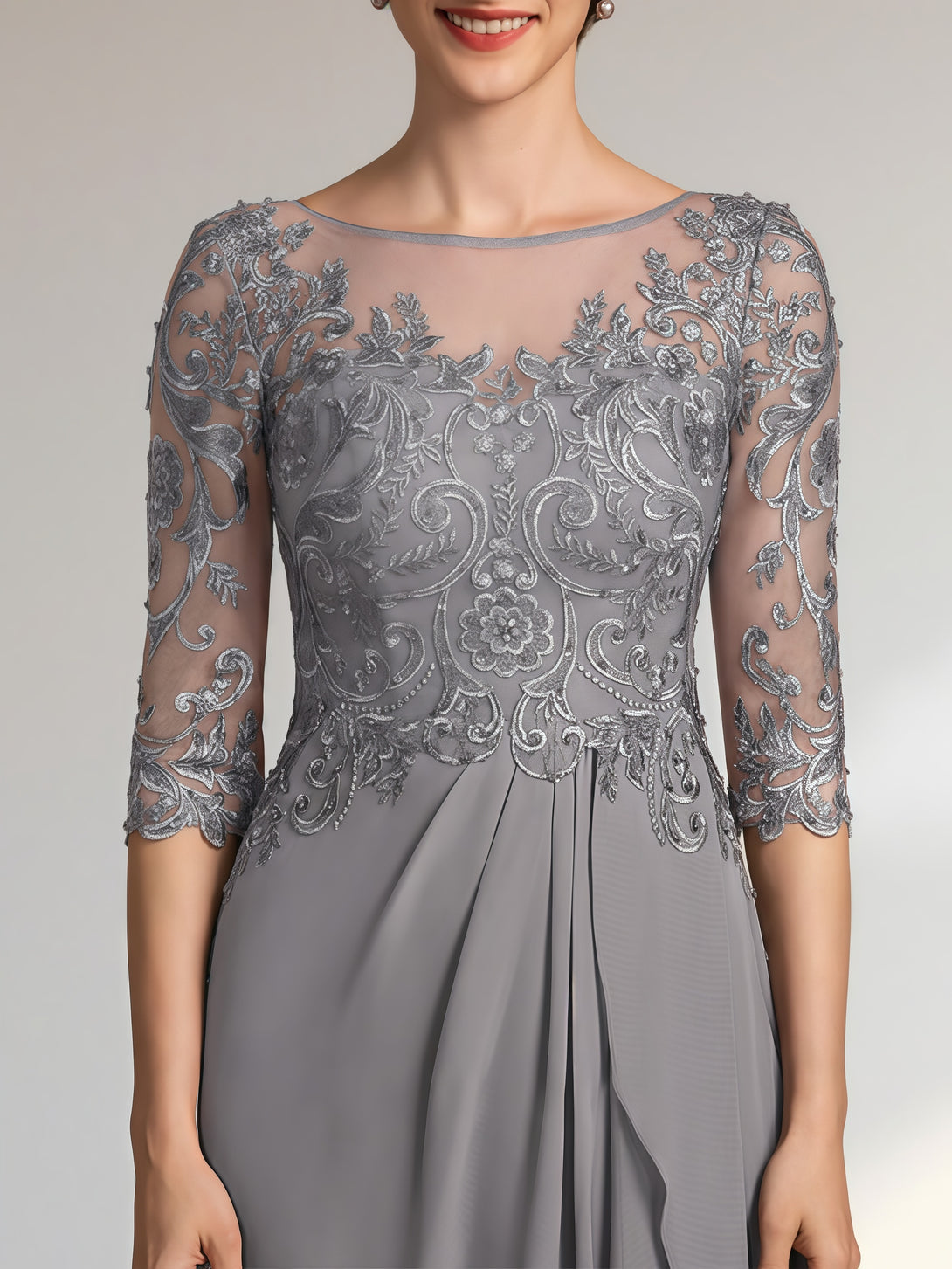 A-Line Boat Neck Half Sleeve Floor-Length Lace/Chiffon Mother of the Bride Dress With Appliques/Pleated BabaMila