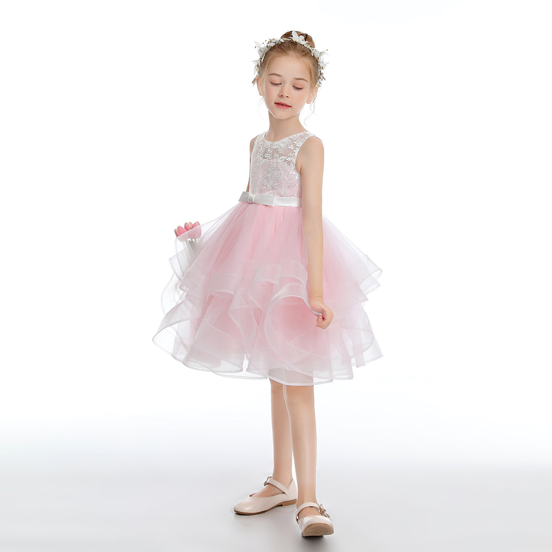 Sleeveless Scoop Neck Knee-Length Lace/Tulle/Satin Flower Girl Dresses With Bow Girls Gidiondress