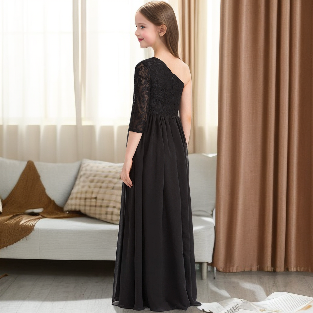 One-Shoulder 3/4 Sleeve Floor-Length Lace/Chiffon Junior Bridesmaid Dress/Girls Dresses Girls Gidiondress