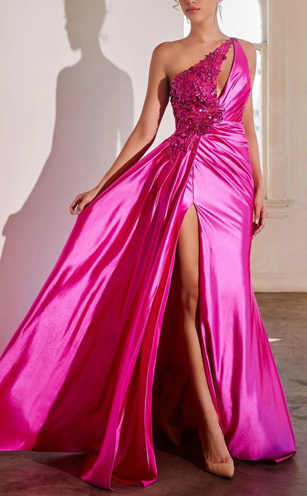 Sheath/Column One-Shoulder Floor-Length Black Evening Floral Dresses With Split Side/Appliques/Beads BabaMila