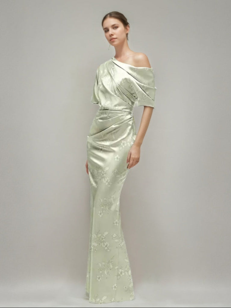 Sheath/Column Printed Floral One-shoulder Half Sleeves Ruched Wedding Guest Dresses with Slit BabaMila