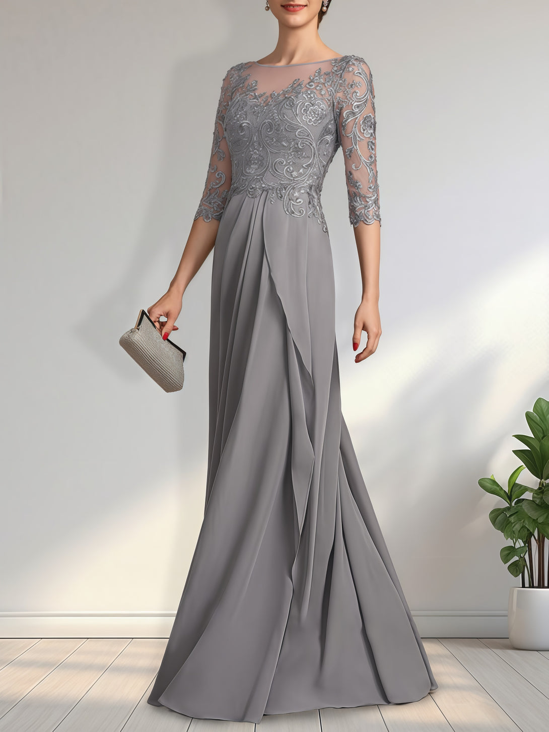 A-Line Boat Neck Half Sleeve Floor-Length Lace/Chiffon Mother of the Bride Dress With Appliques/Pleated BabaMila