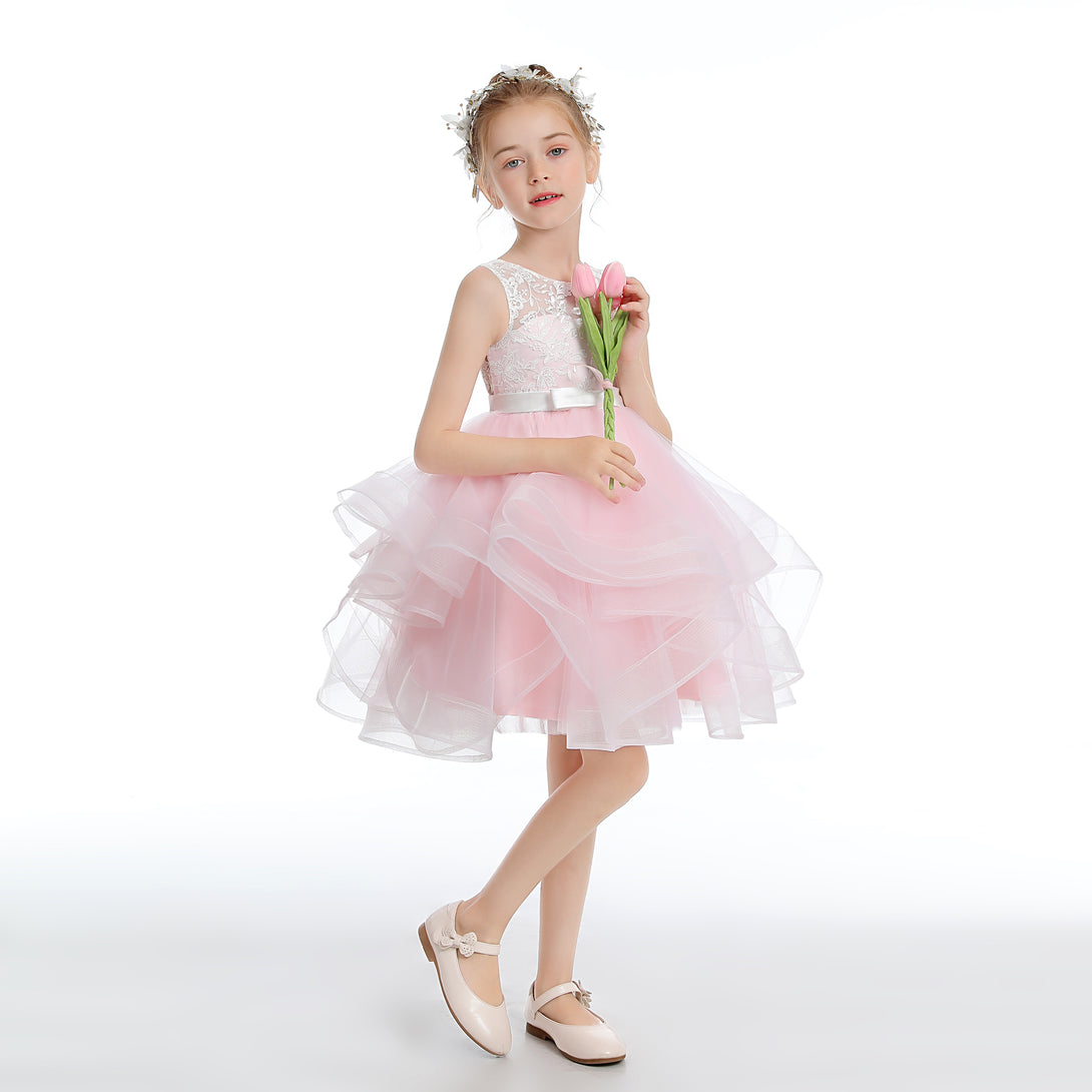 Sleeveless Scoop Neck Knee-Length Lace/Tulle/Satin Flower Girl Dresses With Bow Girls Gidiondress