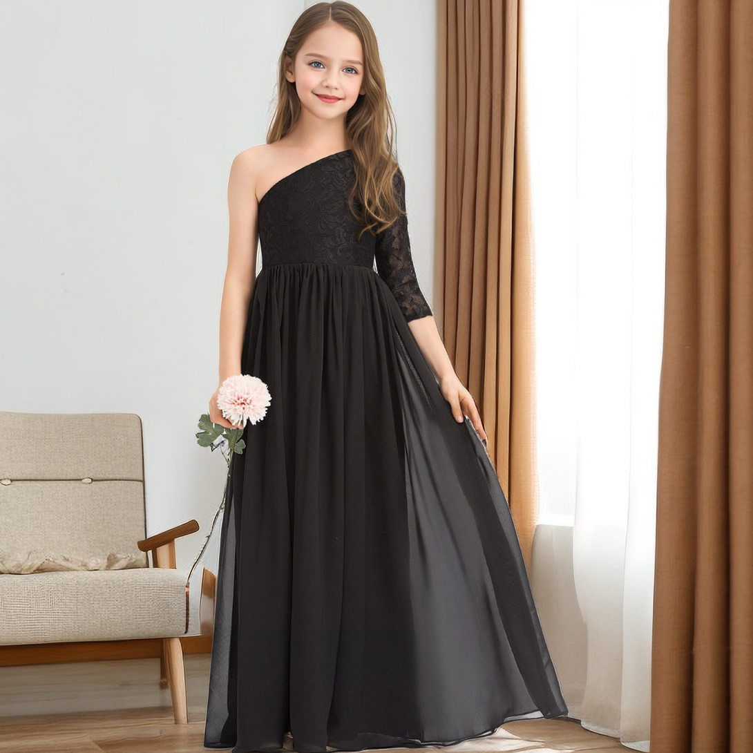 One-Shoulder 3/4 Sleeve Floor-Length Lace/Chiffon Junior Bridesmaid Dress/Girls Dresses Girls Gidiondress