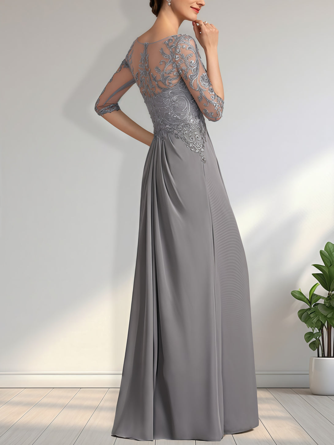 A-Line Boat Neck Half Sleeve Floor-Length Lace/Chiffon Mother of the Bride Dress With Appliques/Pleated BabaMila