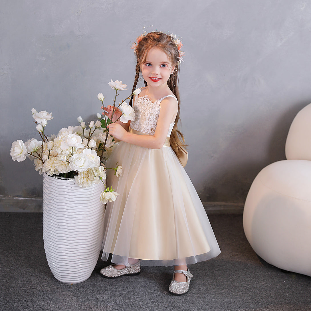 Girls Birthday Dresses Square Neck Spaghetti Straps Lace/Tulle/Satin Tea-Length Flower Girl Dresses/Party Dresses With Belt/Bow Gidiondress