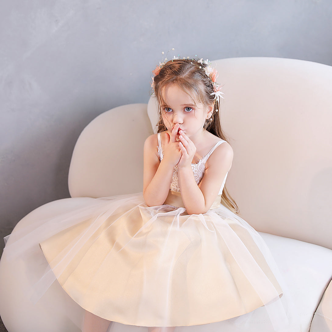 Girls Birthday Dresses Square Neck Spaghetti Straps Lace/Tulle/Satin Tea-Length Flower Girl Dresses/Party Dresses With Belt/Bow Gidiondress