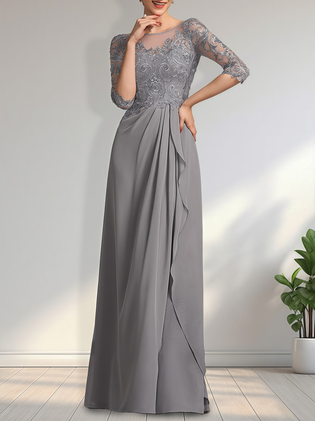 A-Line Boat Neck Half Sleeve Floor-Length Lace/Chiffon Mother of the Bride Dress With Appliques/Pleated BabaMila